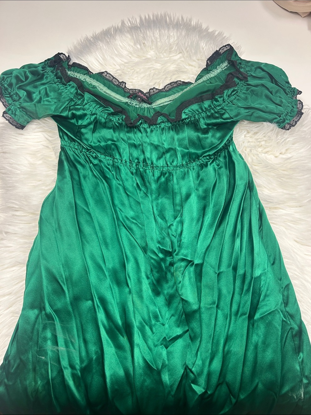 Vintage Bestsey Johnson Green Satin Dress with Black Lace Trim Size 2